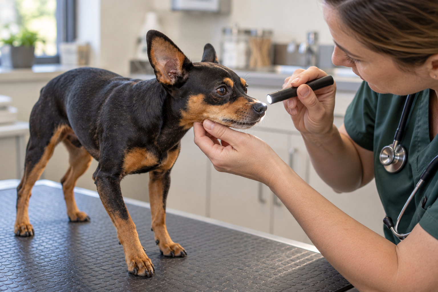 Veterinář vyšetřuje nos a dýchání malého psa v ordinaci